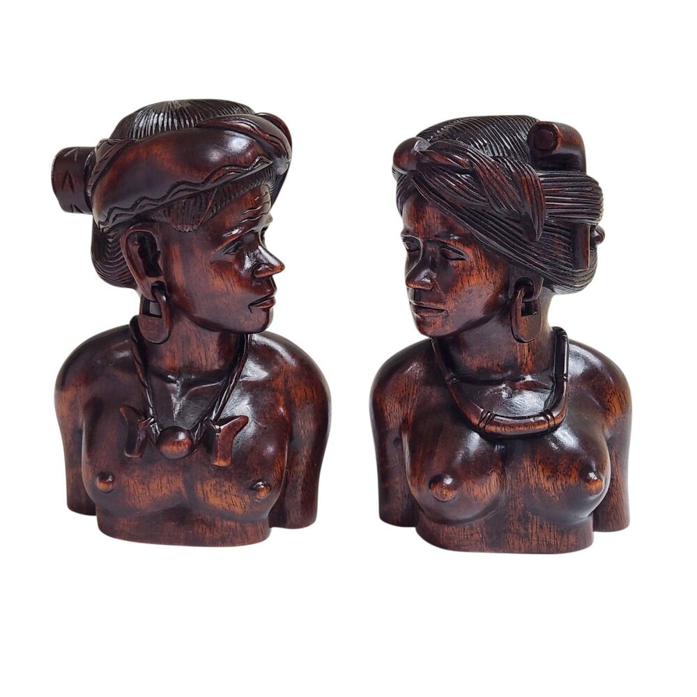 Vintage Hand Carved Wood Philippines Igorot Tribal Busts 8" Man & Woman Bookends